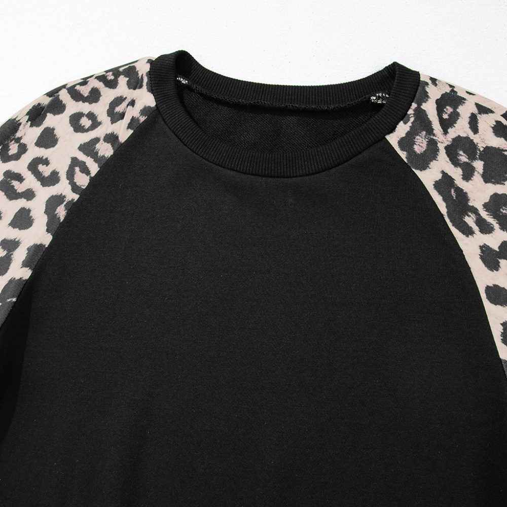1 MEDIUM LEFT!!! Black Leopard Print Colorblock Raglan Sleeve Sweatshirt - Picture 11 of 14